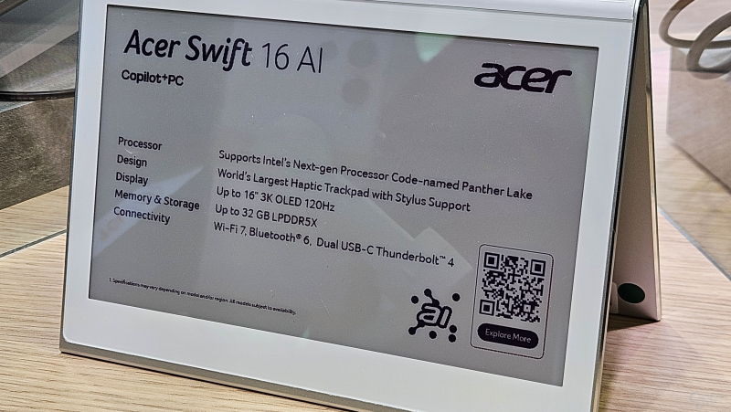 Acer показала первый ноутбук на Intel Panther Lake — Swift 16 AI с гигантским тачпадом