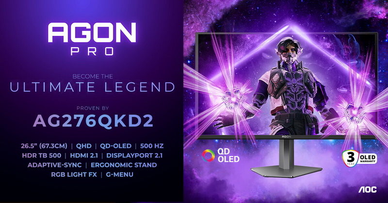 AOC выпустила 26,5" игровой QD-OLED-монитор Agon Pro AG276QKD2 с разрешением 2K и частотой 500 Гц