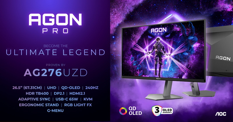 AOC представила 27-дюймовый 4K QD-OLED-монитор Agon Pro AG276UZD с частотой обновления 240 Гц