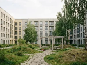 Благоустроенный закрытый двор без машин с геопластикой, взрослыми деревьями и деревянными скамьями