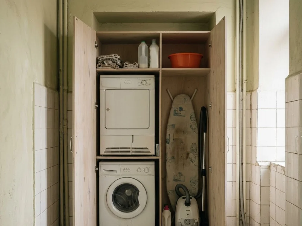 Хозяйственный шкаф с колонной стиральной и сушильной машин и отсеком под инвентарь