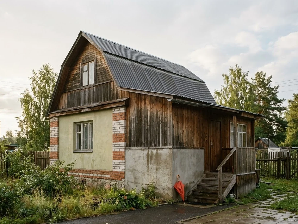 Загородный дом во время дождя с исправной водосточной системой и водоотводом