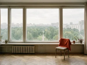 Вид из окна квартиры на просторный сквер и свободную городскую панораму без близких домов