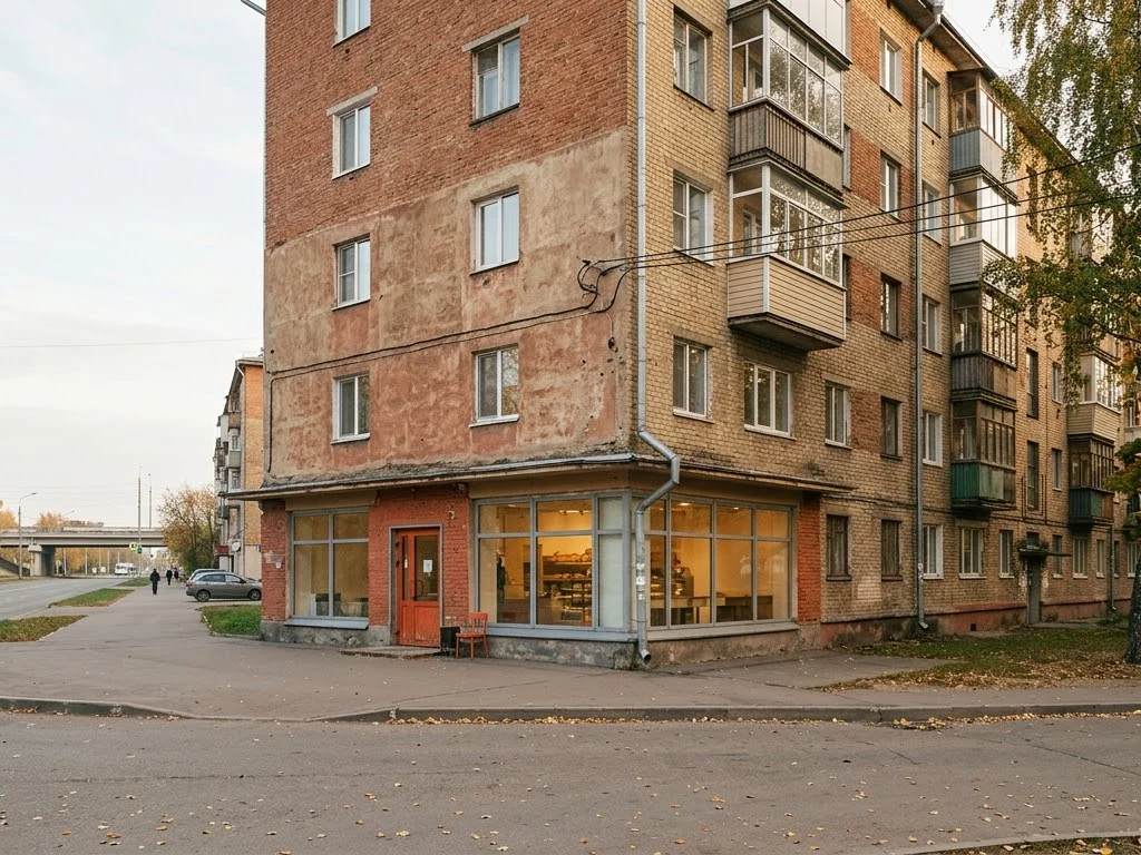 Пешеходная улица жилого района с кофейней и деревьями утренним днем